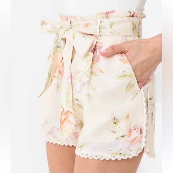 Caroline Constas Linen Floral Belted Shorts SZ S EUC - Picture 2 of 6